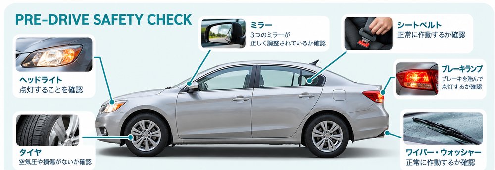 試験前に点検する車の各部(PRE-DRIVE SAFETY CHECK)