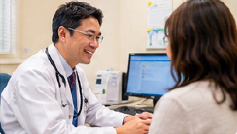 内科の診察室で医師が患者に説明している様子