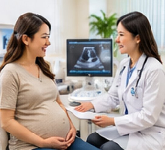 産婦人科で妊婦が医師の説明を受けている様子
