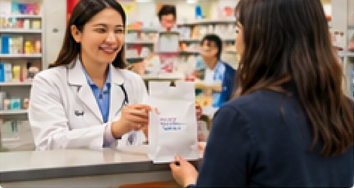 薬局のカウンターで処方薬を受け取る様子