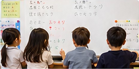 ホワイトボードに向かってひらがなを学ぶ子どもたち