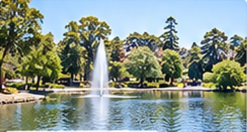 噴水のあるラグーンと公園の緑