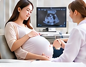 妊婦とエコー検査を行う医師