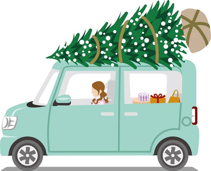 フレッシュツリーを車の上に積んで移動しているイラスト