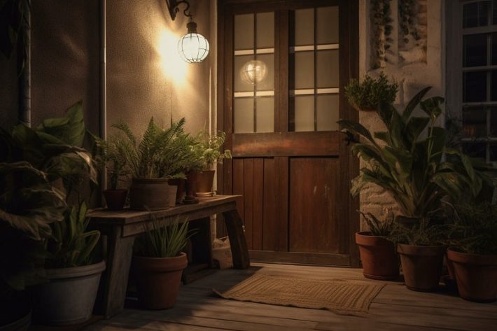 夜間、家の玄関のライトが灯っている様子